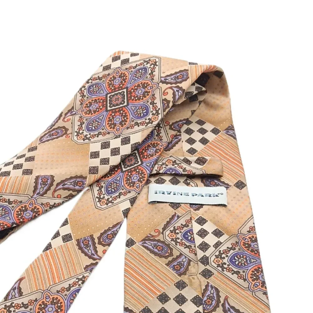 Irvine Park Silk Tie Mens XL 66” Gold Purple Paisley Geometric Classic New
